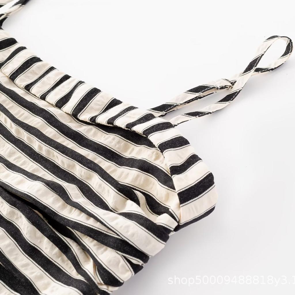 French Tall Splicing Striped Suspender Skirt, High-end Pleated Waist and Thin Off-the-shoulder A-word Dress, Long Dress.