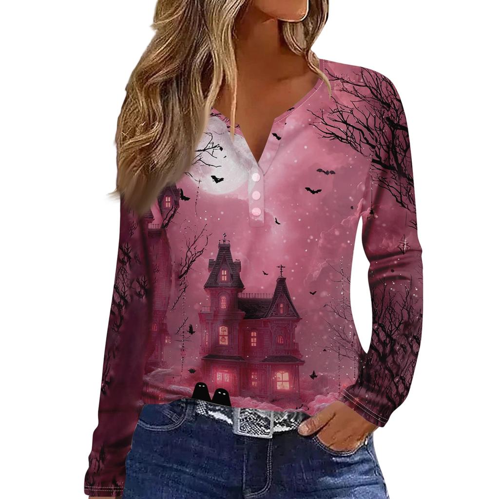 Women's Casual Long Sleeve V-Neck T-Shirt with Halloween Print and Button for Holiday Outfits