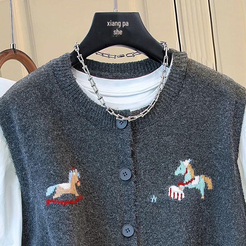 SIBOSHE Women's Round Neck Cartoon Embroidered Wool Blend Knitted Vest