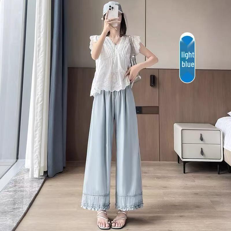 

Ice Silk Lace Crochet Wide-Leg Women s Pants - Slimming, Nine-Point, Korean-Style Casual L (85-110 kg) синий