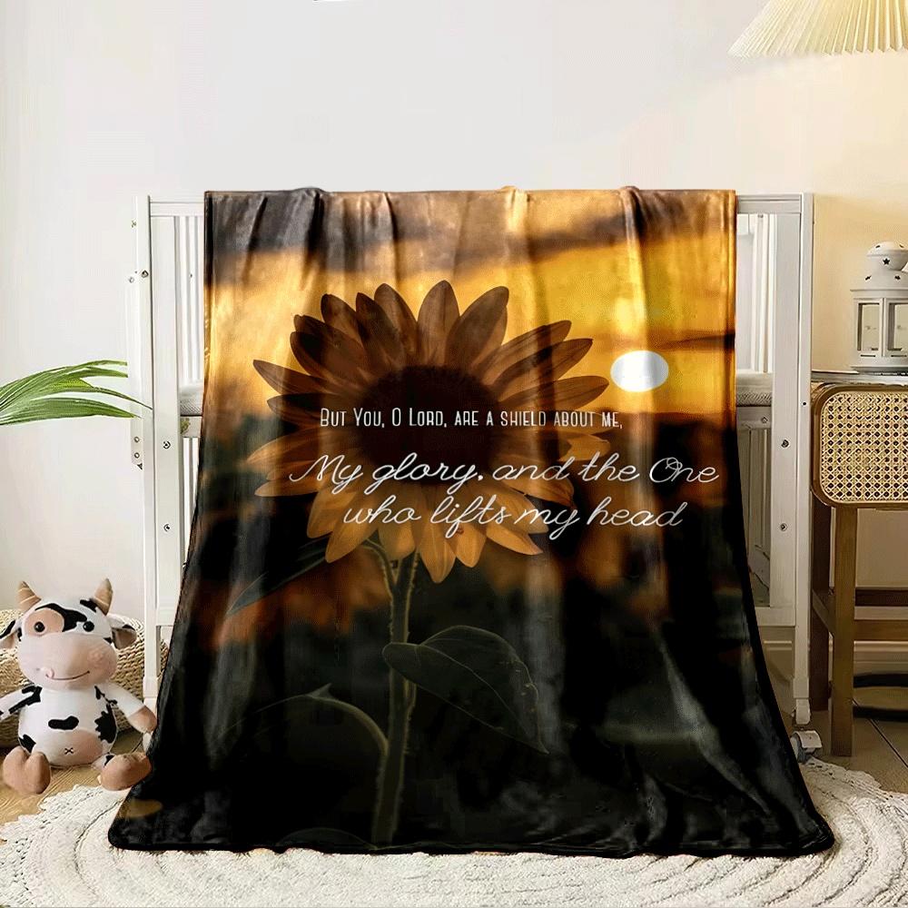 A Sunflower with Text Overlay Against a Warm Sunset Background. for All Seasons Blanket Lunch Break Throw Gift