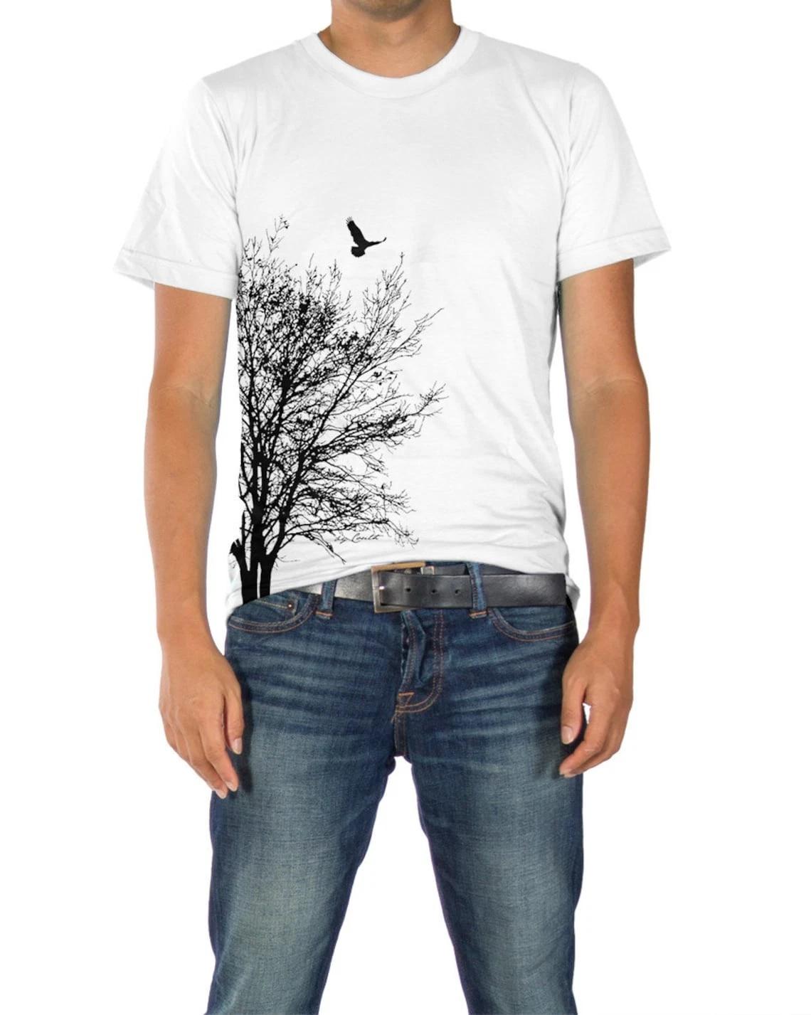 Tree & Bird Graphic Tee - Nature Inspired Black T-Shirt XXXXL
