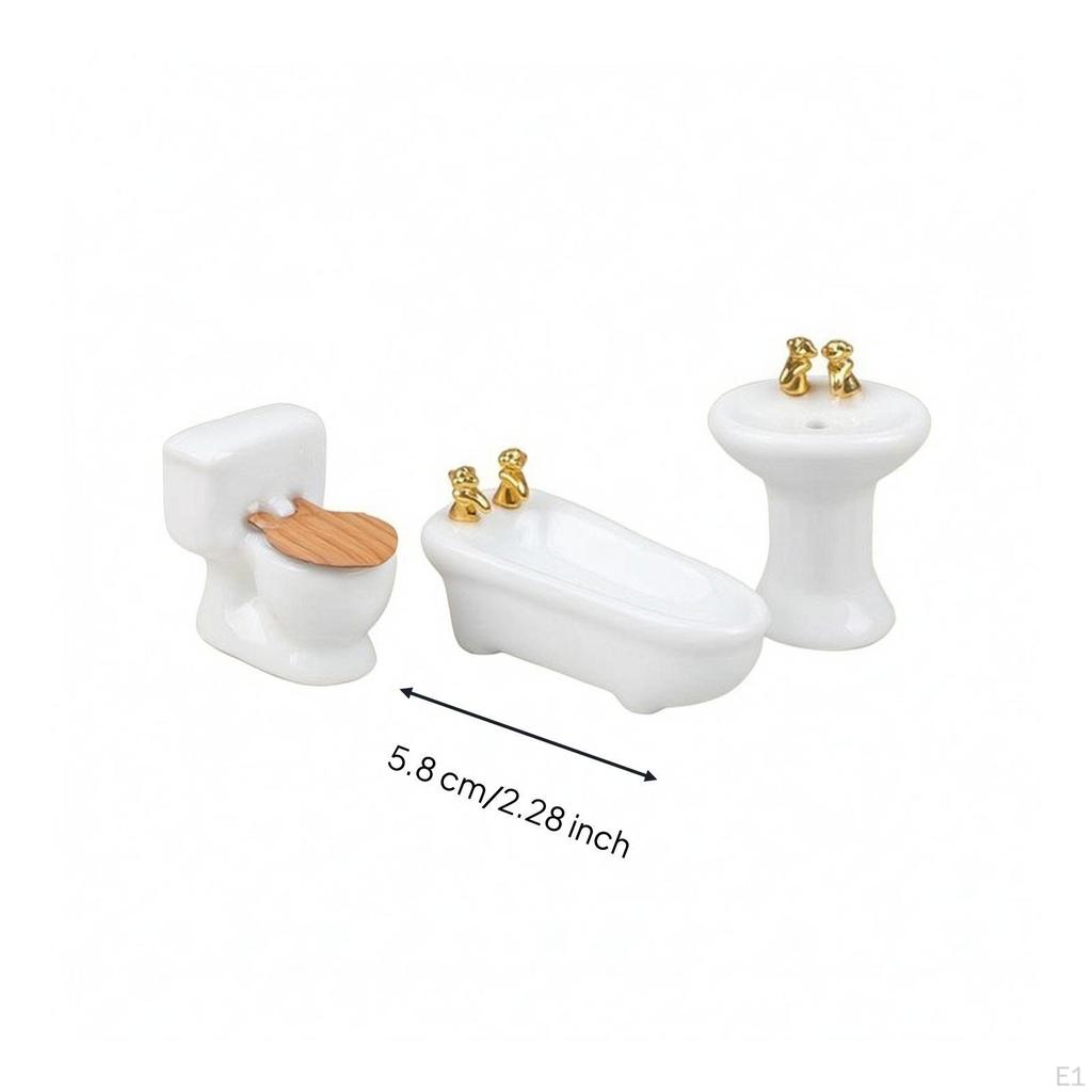 3 Pieces Dollhouse Toilet Sink Tub Set Glossy Finish Mini Washroom Accessories Detail Miniature