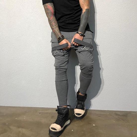 Elastic Waistline Strap Tassel Multi Pockets Cargo Pants Male Solid Color Mid-rise