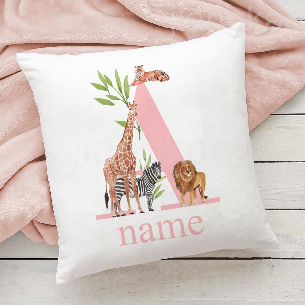 Personalized Pillow Case Initial with Name Safari Animal Pillow Cover Kids Bedroom Wild Party Decor Kids Birthday Shower Gift