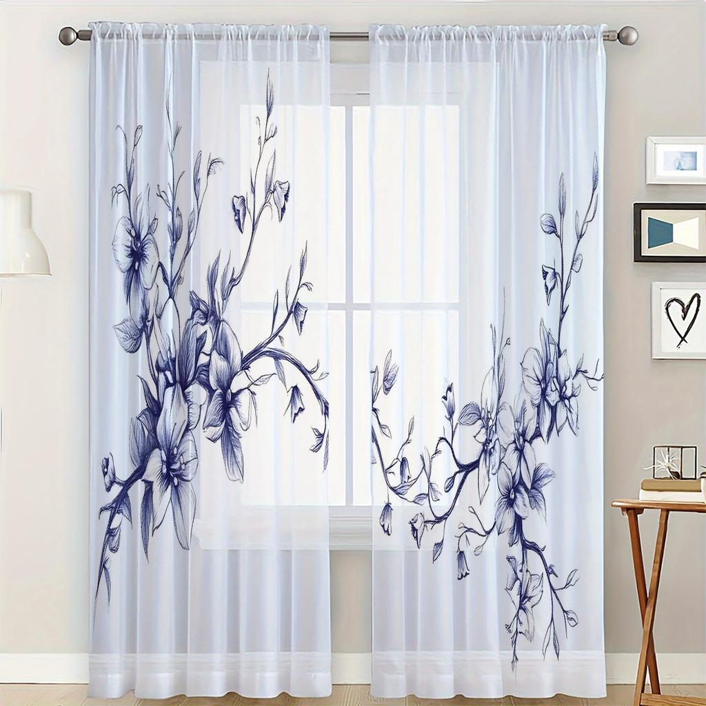 2 Pieces HD Digital Leaf Flowers  Printed Window Screen Home Decor Style Decoration Living Room Window Screening