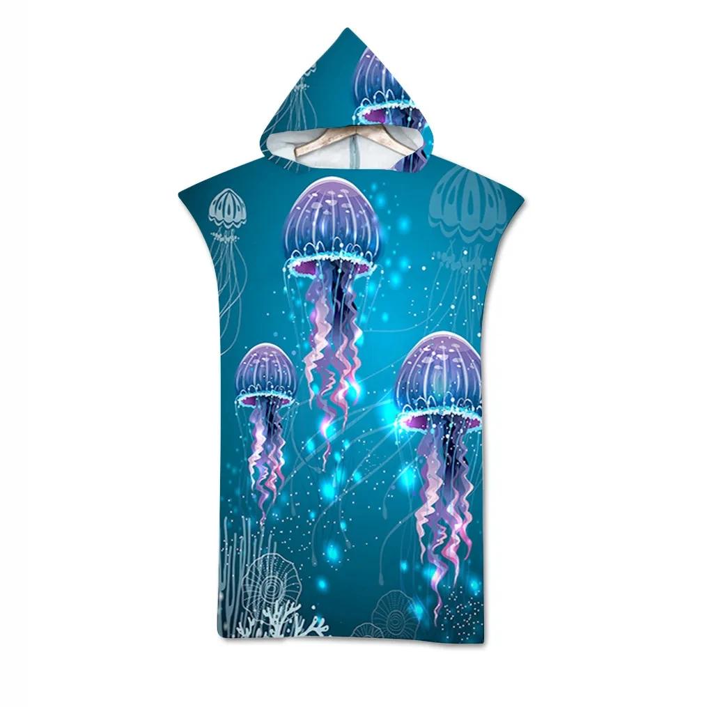Jelly Fish Bath Beach Towel with Hood Microfiber Soft Hooded Robe Towel Poncho for Swimming Beach Surf Woman Bathrobe Beachwear