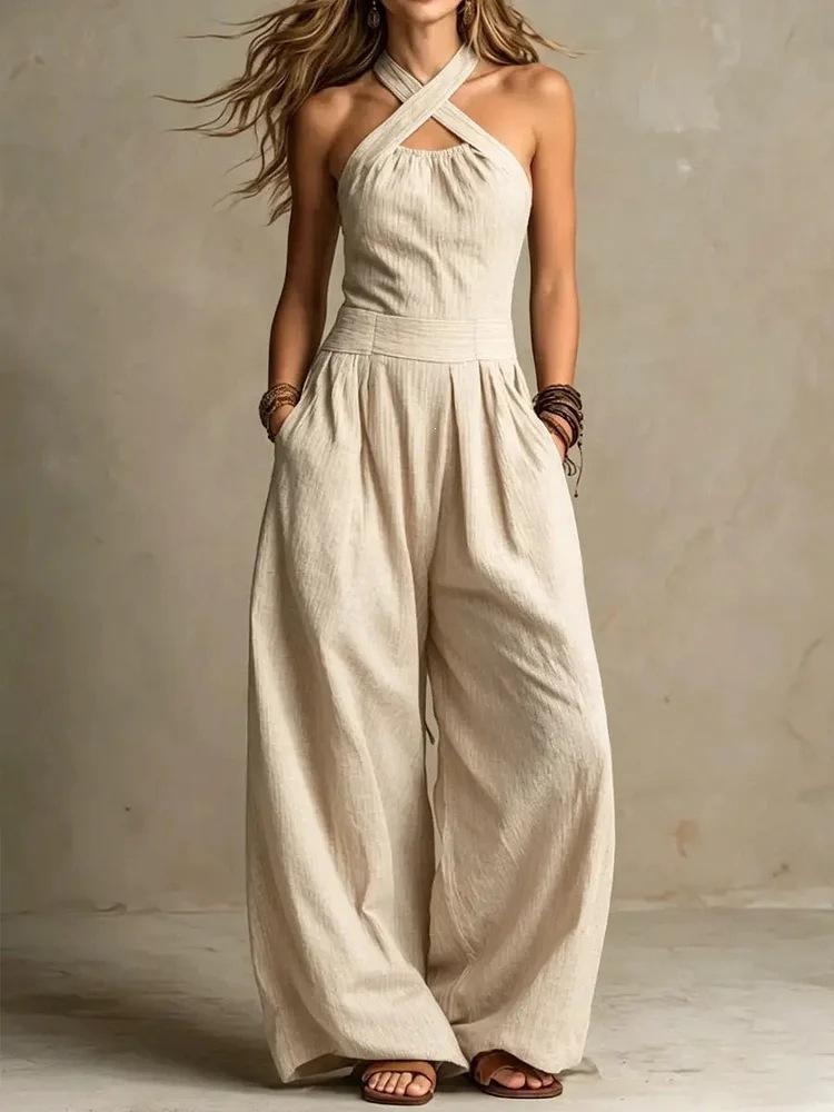 2026 European and American cross-border independent station Amazon's new sleeveless lazy wind pendant feeling neck women's wide-leg jumpsuit