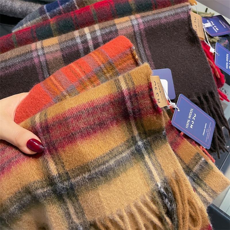 Unisex gift-giving high-end plaid pure cotton wool scarf wool fashion fringed warm couple scarf
