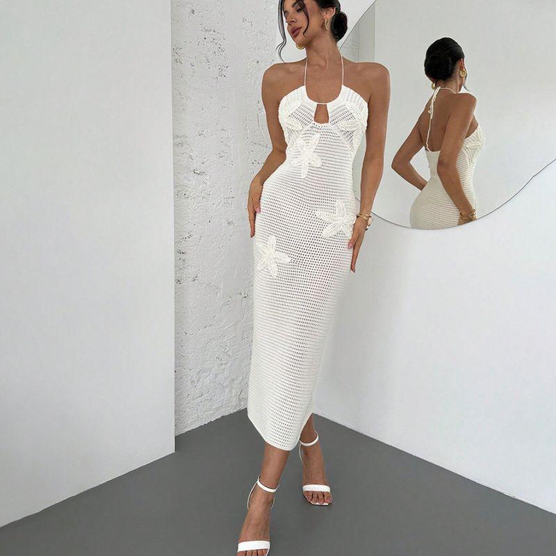 

European and American Summer New Sexy Hollow Hanging Neck Lace-up Leisure Seaside Vacation Beach dress White L