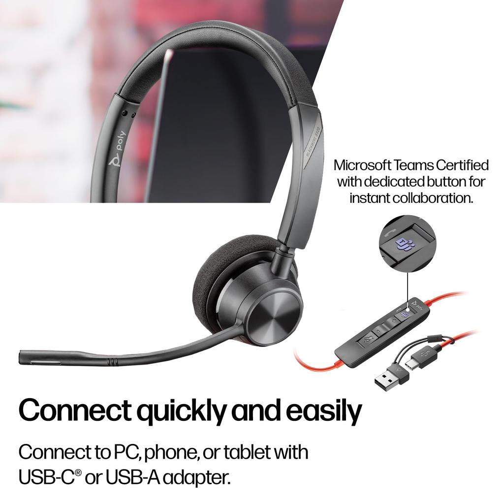 Poly Blackwire 3320 Wired Headset Microsoft Noise with for Web Plantronics Polycom 8G0Y9AA (USB-C Connection, Certified, Cancelling, Microphone,