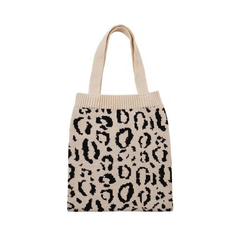 1 Autumn and Winter Knitted Shopping Bag, Leopard Print Woven Shoulder Casual Hand-held Wool Cloth Bag