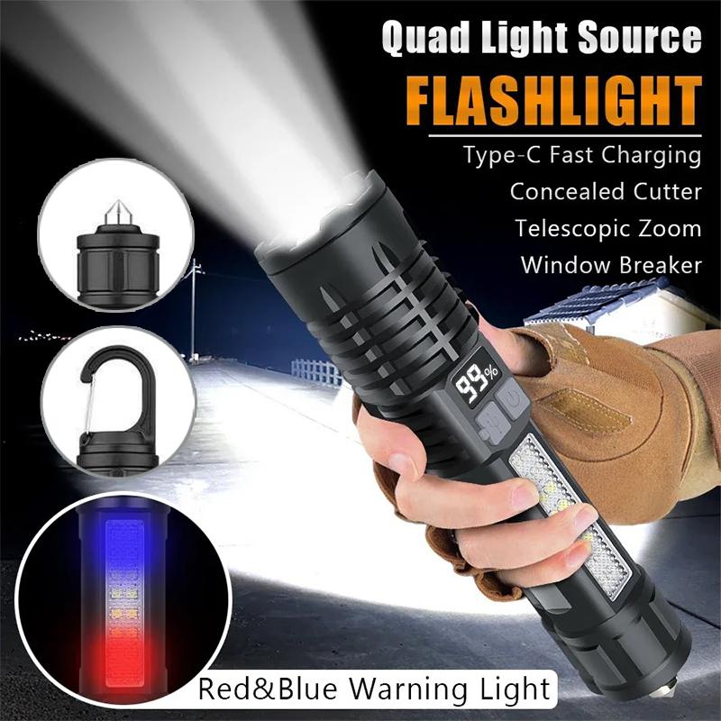 High Power LED Flashlight USB Rechargeable Light Telescopic Zoom Camping Torch with COB Side Light Multifunction Outdoor Lantern