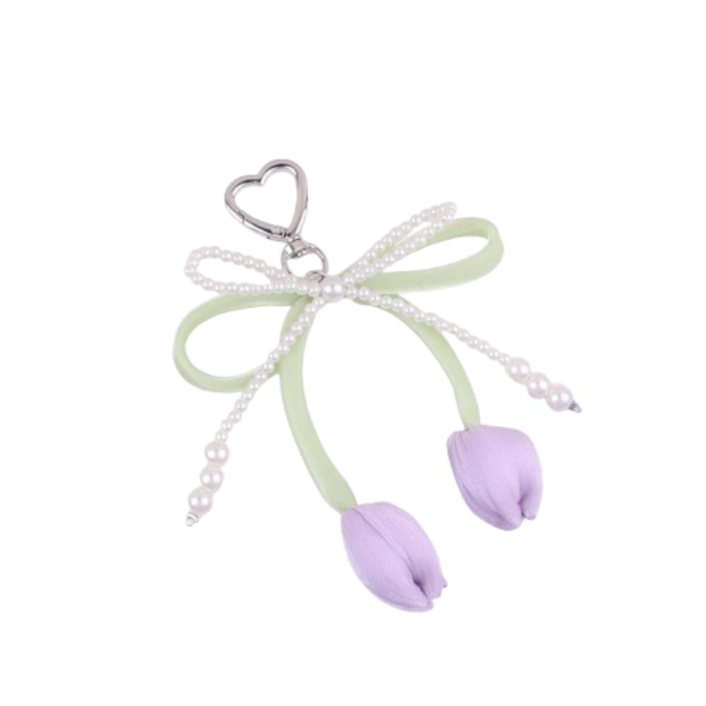 Handmade Tulip Pendant Cartoon Heart Bag Charm Trendy Pearl Tulip Keychain  Car Accessory фиолетовый