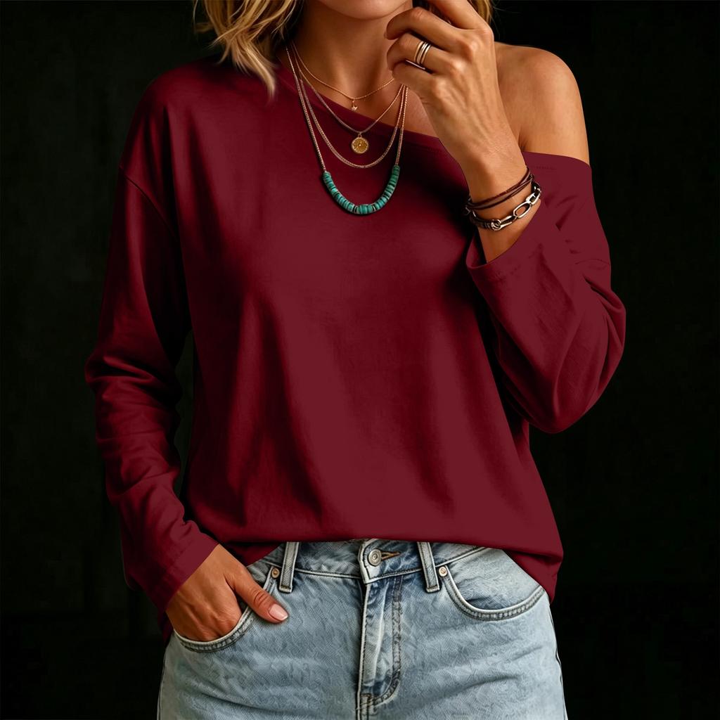 Women's Casual Long Sleeve Loose Fit T-Shirt with Asymmetrical Neckline Color