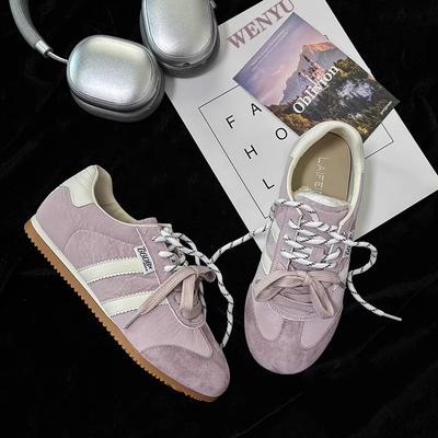 2025 Casual Sports Board Shoes Forrest Gump Flat-soled Cowhide Retro Versatile German Training Shoes Women's Dopamine White Shoes Women