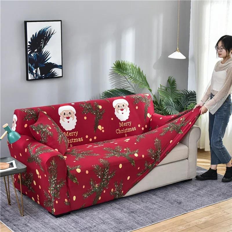 Christmas Sofa Cover for Living Room Elastic Spandex L Shape Sectional Couch Slipcovers Home Decor Xmas Santa Clause Sofa Covers