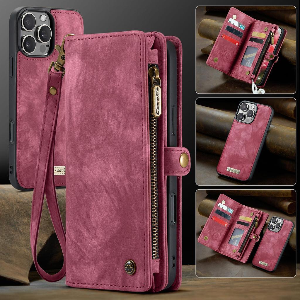 CaseMe-008 For iPhone 16 Pro Max Removable 2-in-1 Zipper Wrise Strap Multi-functional Wallet Case Card Slots Phone Cover