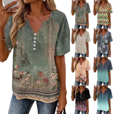 Women's Fashionable Casual Floral Print Button V-neck Short-sleeved Top