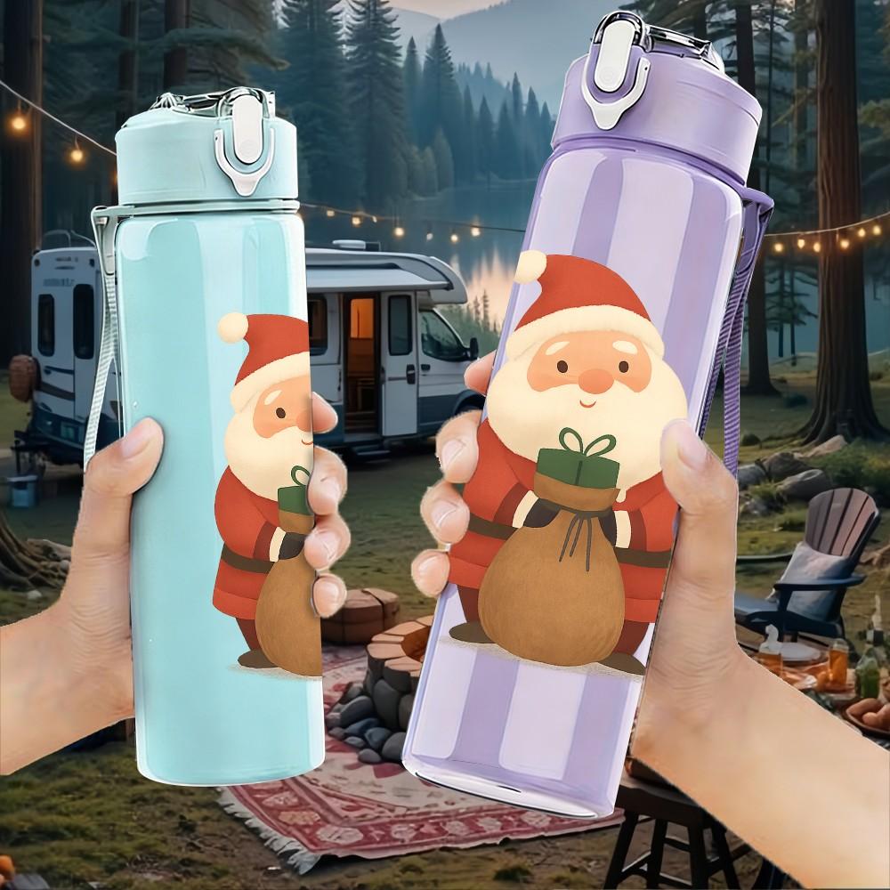 1PC Santa Claus Gift Sack Art 750ml Color Plastic Sports Water Bottle Leakproof Flip Straw Lid Suitable for Sports Office Home Use