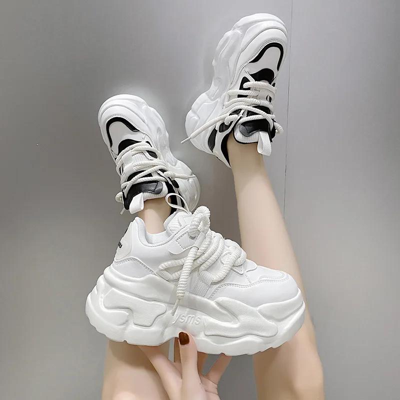 Mode Weiß Plattform frauen Turnschuhe 2024 Herbst Lace-Up Dicken Boden Sport Schuhe Frau Pu Leder Atmungsaktive Wanderschuhe weibliche