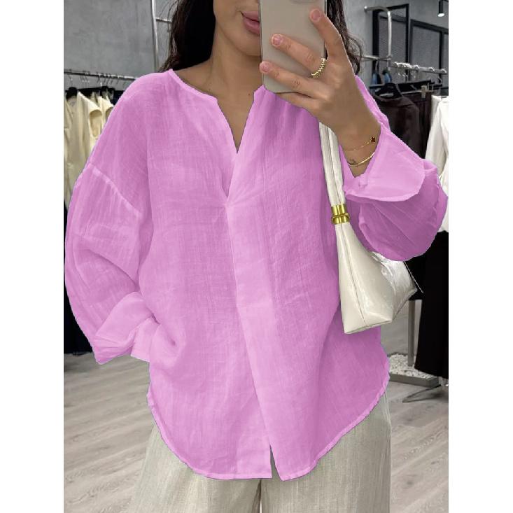 

2026New women s casual long-sleeve clothing V Collared solid color shirt top XXXL рожевий