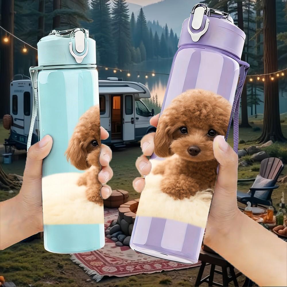 1PC Fluffy Poodle Puppy 750ml Color Plastic Sports Water Bottle Leakproof Flip Straw Lid Suitable for Sports Office Home Use