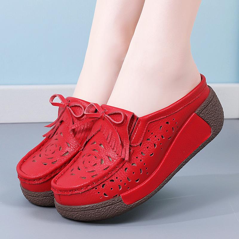 Damen Sandalen mit Höhenabsatz Plateau Loafers Rot Slipper zum Hineinschlüpfen Lässige Clogs Blume Leder Weiße Schuhe für Mutter