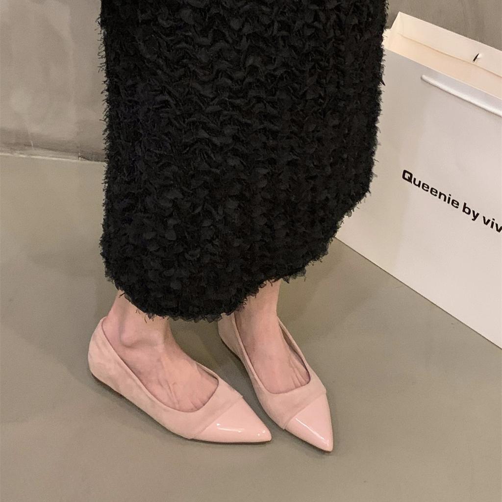 Inner Height Increase Pointed French Small Fragrant Single Shoes Women's Shoes 2025 Spring and Summer Suede Splicing with Skirt Evening Shoes