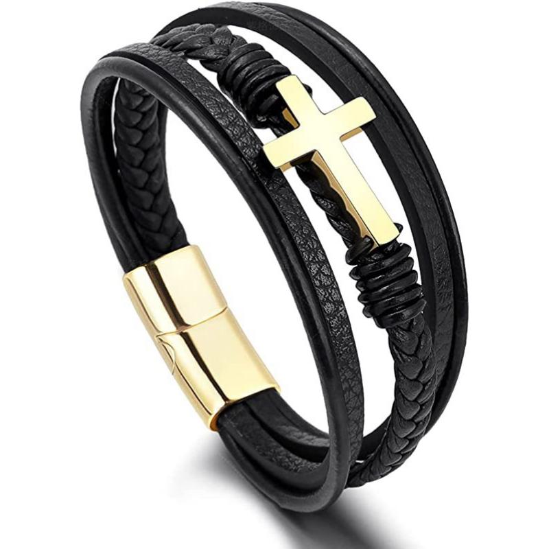 Bracelet Bohemian Multi-layered Cross Love with Diamonds Open Leather Bracelet