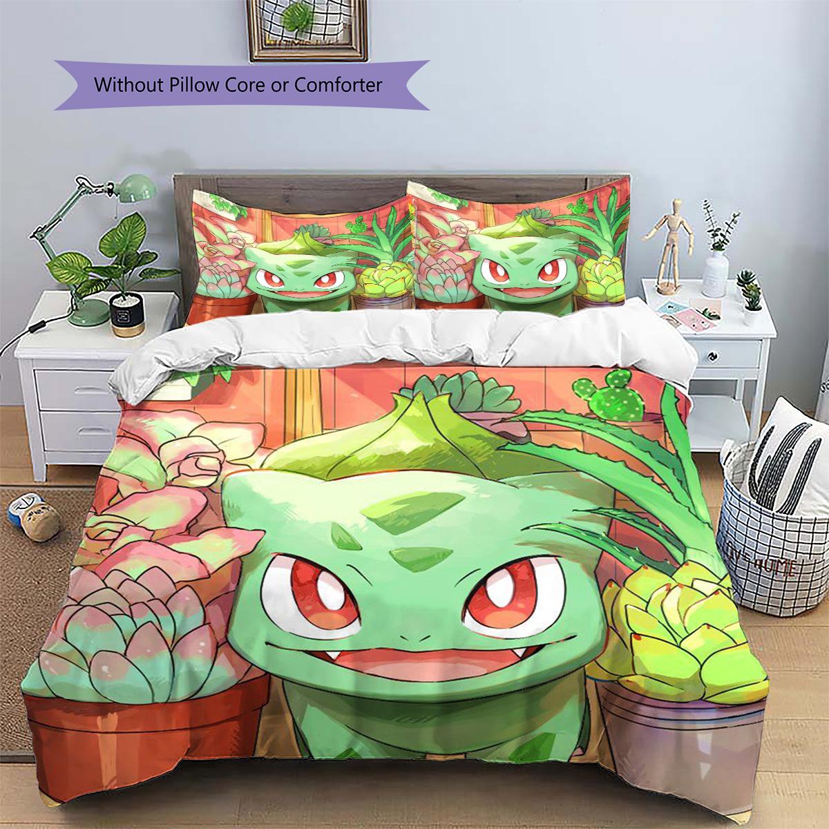 

Bulbasaur Patterned Pillowcase & Duvet Cover Set Anime Character Themed Bedding for Bedroom Decor Gift for Anime Fans.-TING 135x200cm