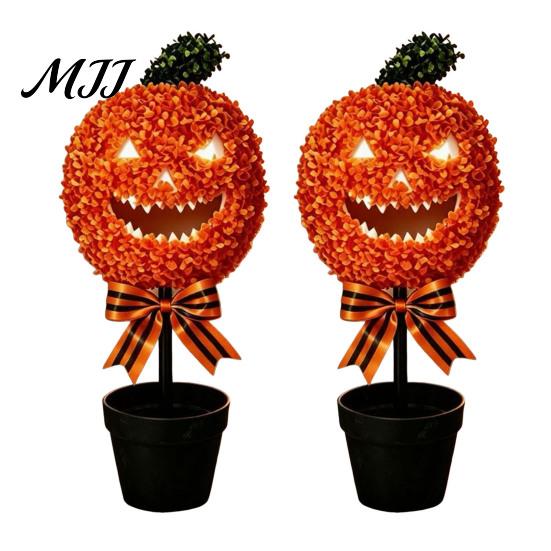 Outdoor Fall Yard Decorations Artificial Pumpkin Topiary Tree, Halloween Face Faux Boxwood Plants with Stake, Decorative Orange Autumn