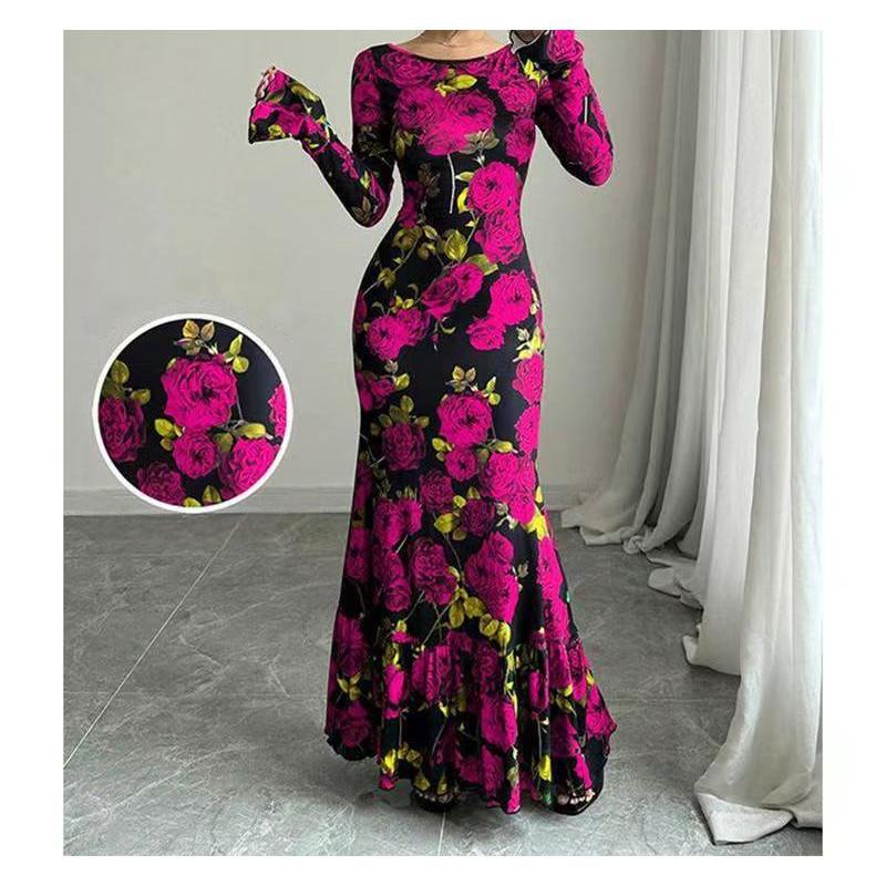 

European American Round Neck Elegant Slim Long Dress Rose Flower Micro Sleeve Hip M