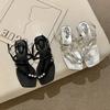 French temperament silver rhinestone square toe low heel sandals women's 2025 new summer skirt Roman sandals