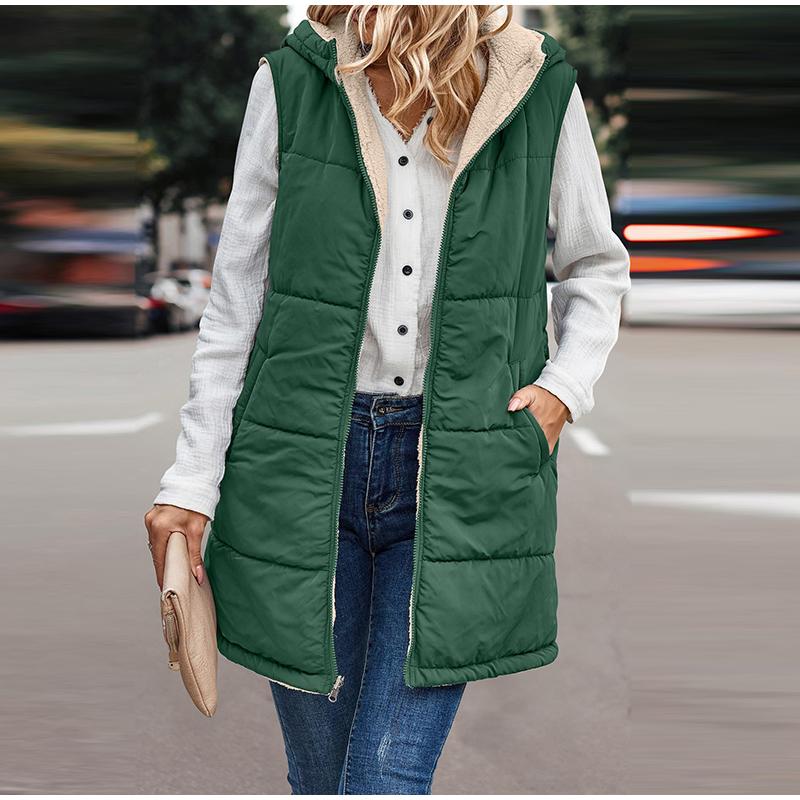 Gilet reversibile autunnale da donna, senza maniche, con cerniera, con cappuccio, tasche, lungo, caldo, invernale