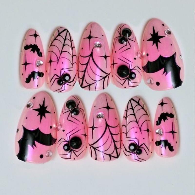 30 Pieces Halloween Nail Art Pink Bat Chrome Press Ons ABS Material Costume Party Accessories