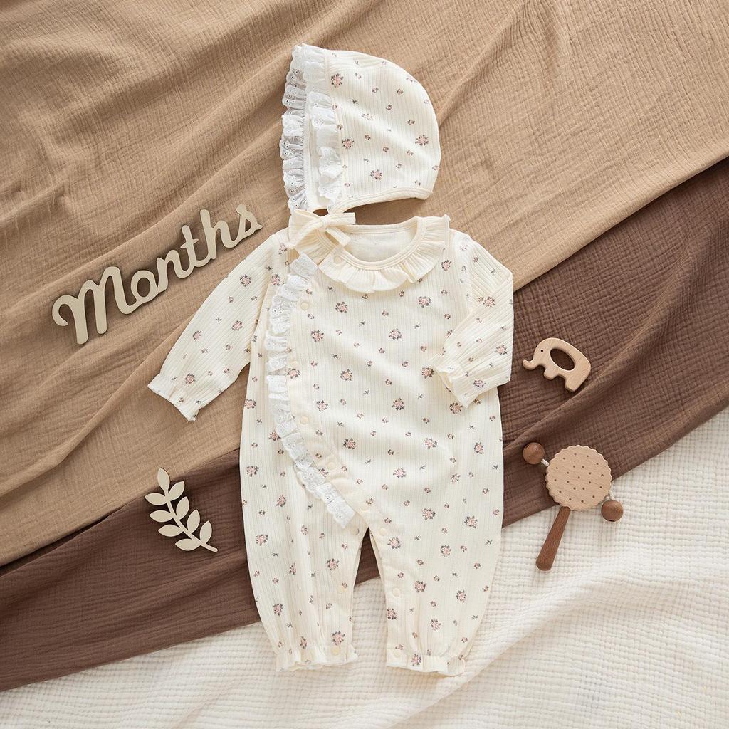 Vier Jahreszeiten A-Linien Baumwoll-Jumpsuit mit Blumenmuster für Baby-Mädchen - Frühlings- & Sommer-Prinzessinnen-Outfit für 100-Tage-Feier