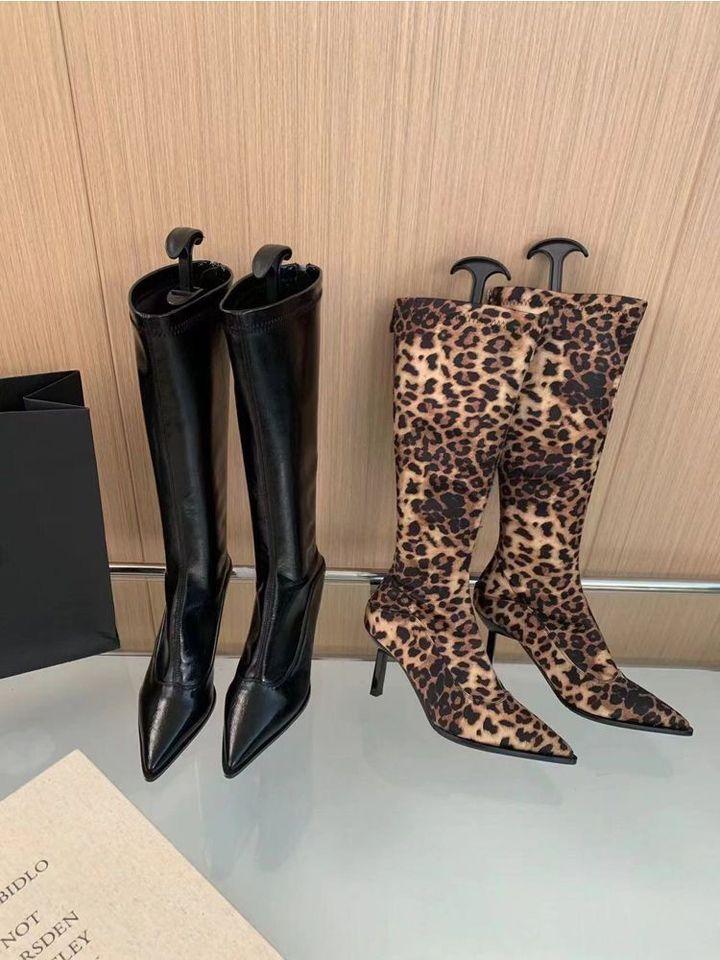 European and American style pointed leopard print but knee boots women's 2025 spring and autumn thin heel high boots rear zipper high heel piled boots