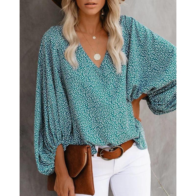 TIFICY Women's Fashion Casual Spring Autumn Flower Pattern Print Long Sleeve V-Neck Blouses & Shirts