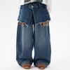 Retro Diagonal Denim Style Autumn 2025 Blue Spliced Two-Piece Culottes Long Casual Pants