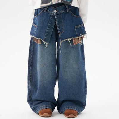 Style Denim Rétro Diagonal Automne 2025 Culottes Deux Pièces Épissées Bleues Pantalon Long Décontracté