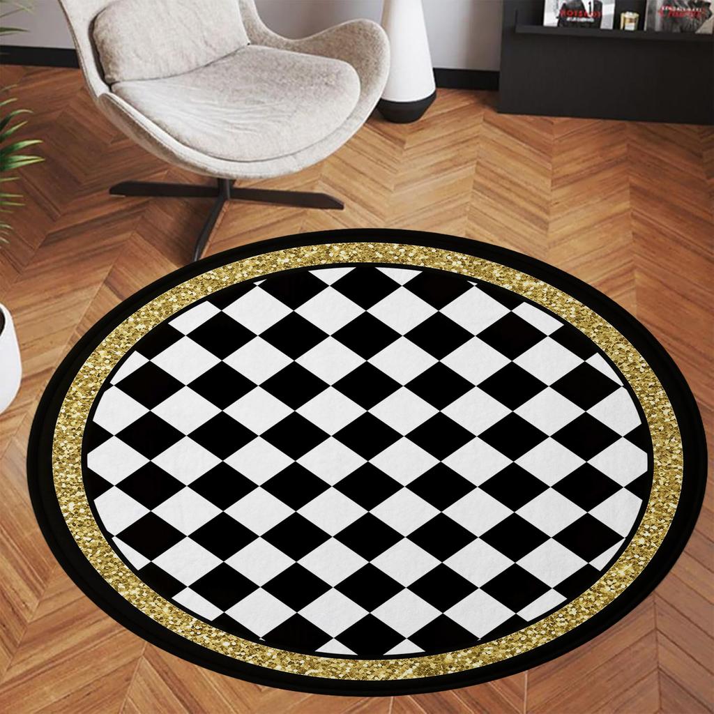 Black & White Checkerboard Round Rug with Gold Trim, Modern Geometric Non-Slip Floor Mat for Entryway & Living Room