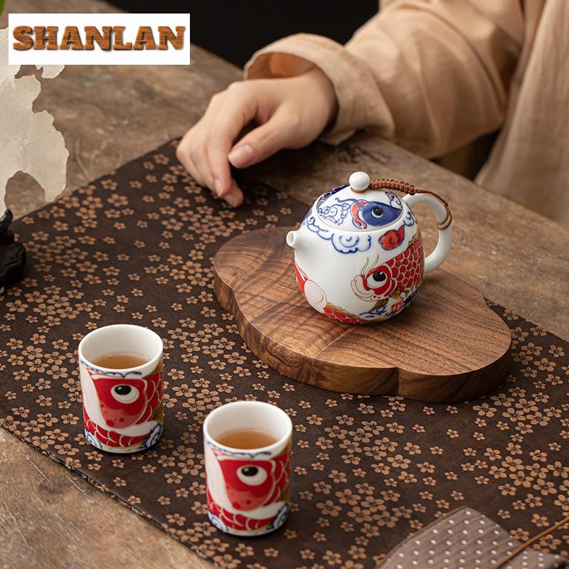 190ml Creative Auspicious Fish Pattern Teapot Small Dragon Egg Pot Tea Set Kit Boutique 1 Pot 2 Cups Tea Maker Organizer Craft