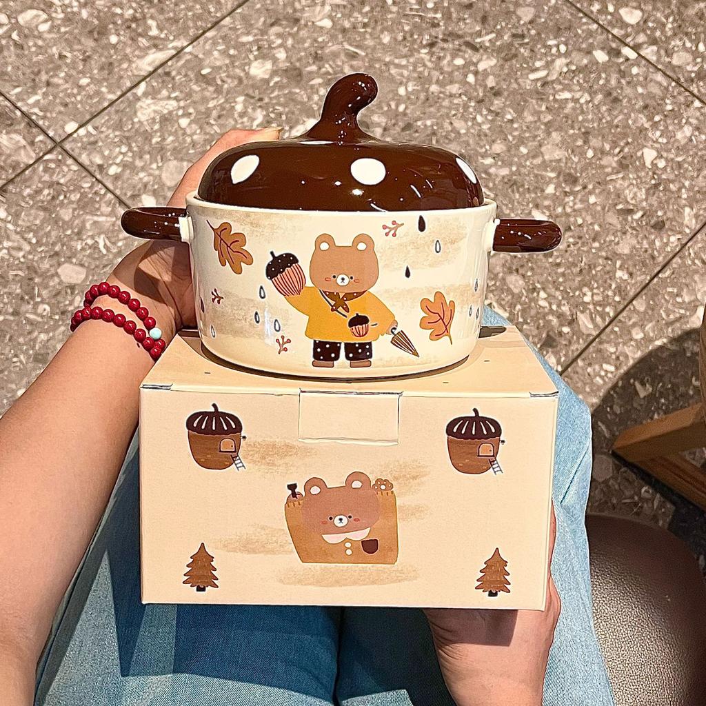 Hochwertige Instant-Nudelschüssel mit Deckel, Bären-Keramik-Instant-Nudelschüssel, Studentenwohnheim Reisschüssel, Schneckenpulver-Schüssel mit großem Fassungsvermögen