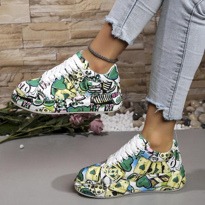 Women's Casual Sneakers Fashion New Painted Graffiti Lace Up Sports Shoes for Women Flat Pu Leather Ladies Running Shoes