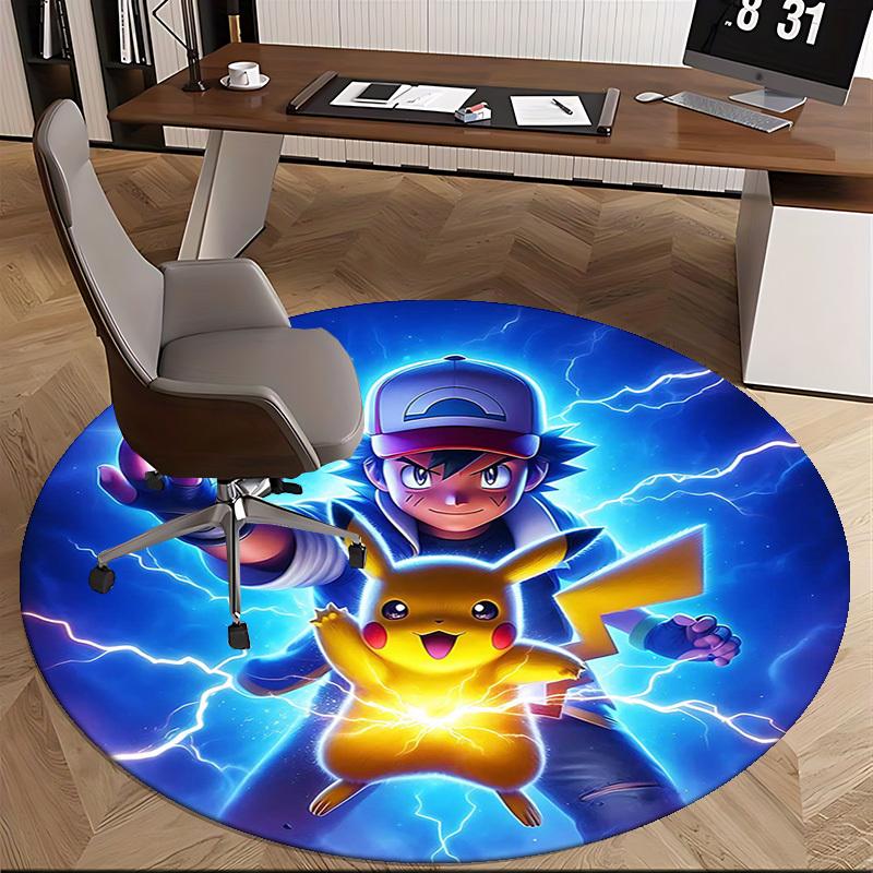 1 szt. Okrągły dywanik Pokemon Pikachu - Mata na krzesło z motywem anime do biura, wystroju domu, salonu
