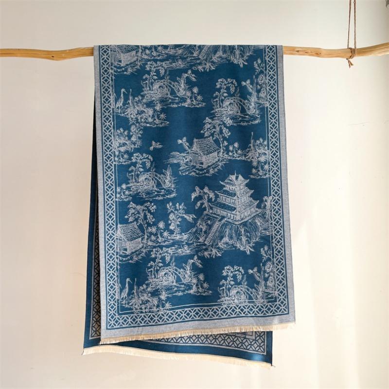 

Antique winter warm fashion advanced sense age-reducing scarf literary and retro double-sided shawl cape versatile scarf women 185X65cm светло-синий