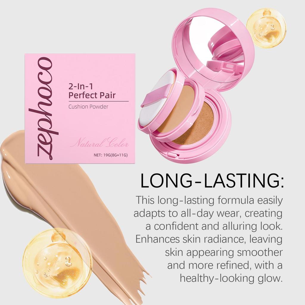 Zephoco Natural Color Two-in-one Cushion Powder, Clear Base Makeup, Moisturizing, Lightweight, Obedient, Daily Makeup, No Powder Stuck 1PC