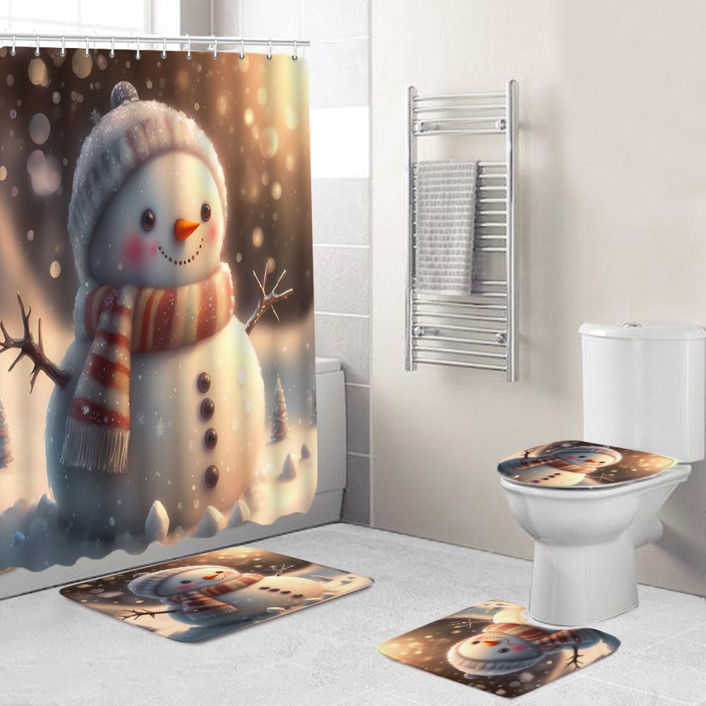 Christmas Toilet Cover Shower Curtain Floor Mat Set Santa Carpet Door Mat Foot Mat Non-Slip Mat