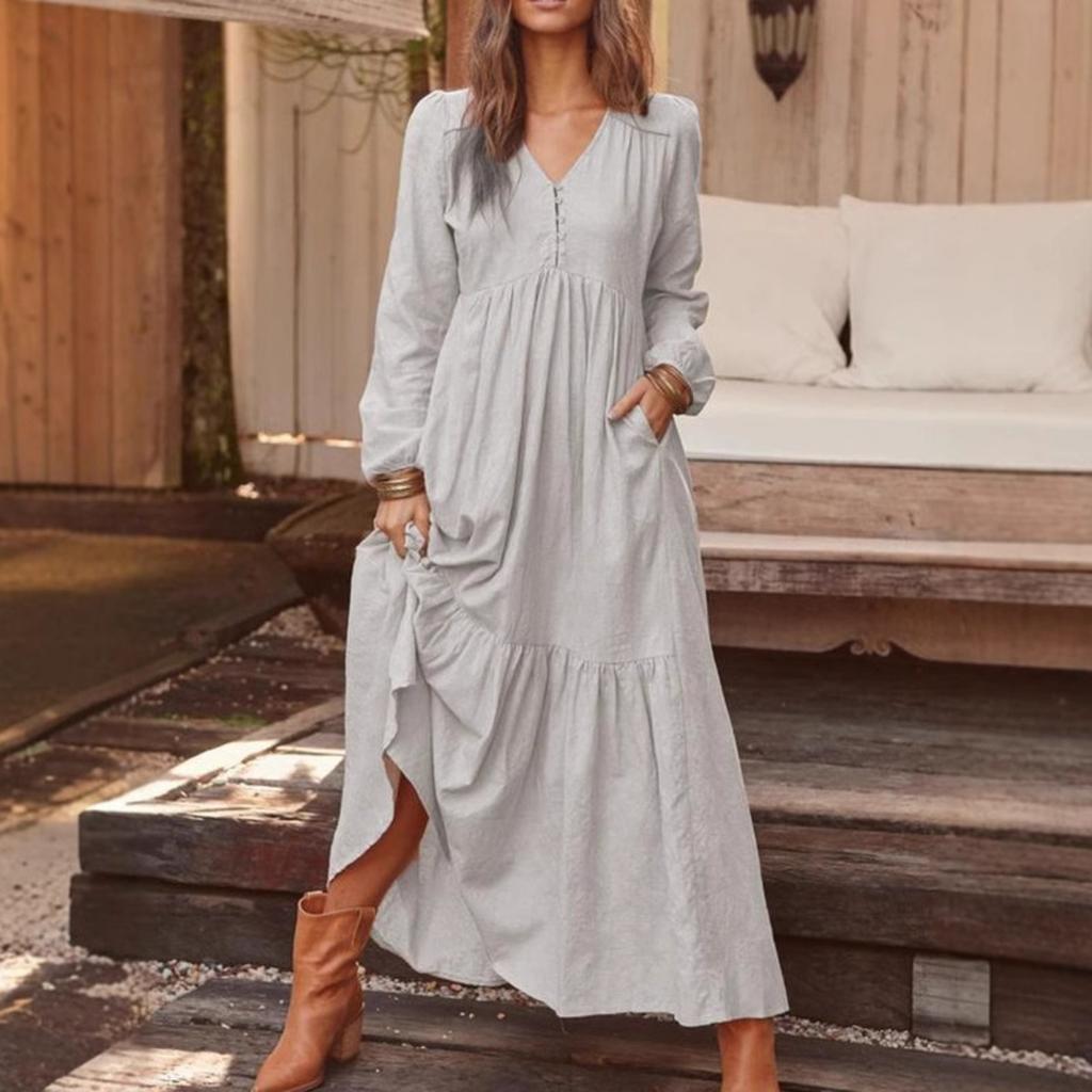 Women's V Neck Long Sleeve Maxi Dress Straight Fit High Waist Casual Solid Color Ruffle Tiered Long Dress